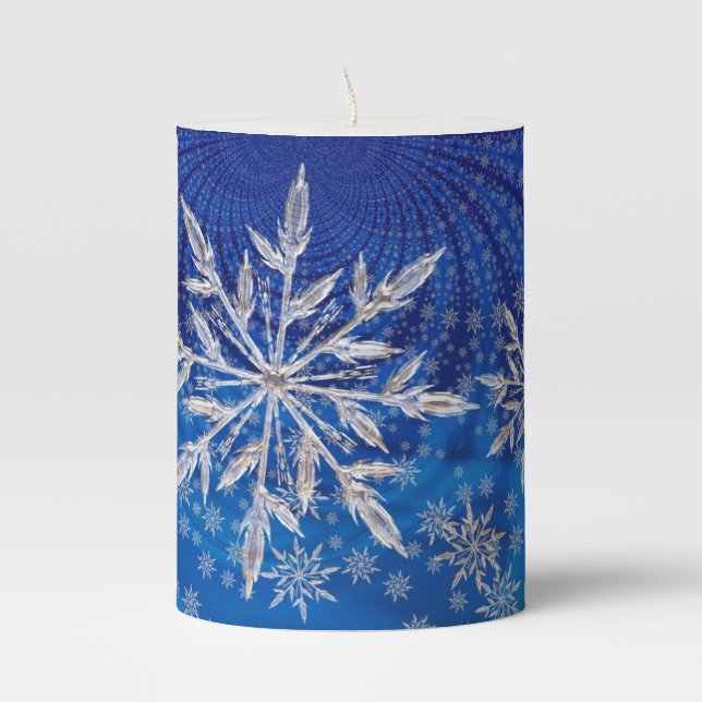 Ice Blue Christmas Star Snowflake Pillar Candle (Front)