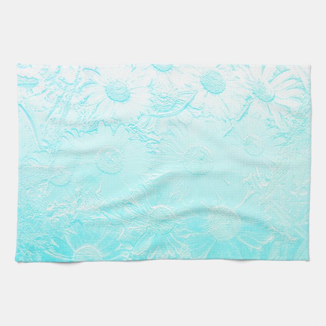 Ice blue daisy flowers embossed look floral kitchen towel (Horizontal)