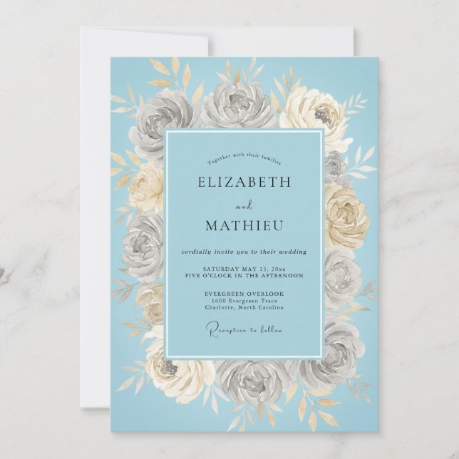 Ice Blue Delicate Rose Wedding Invitation (Front)