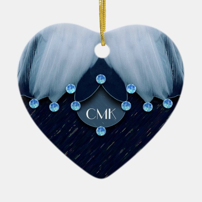 Ice Blue Diamonds and Feathers Ceramic Ornament (Front)