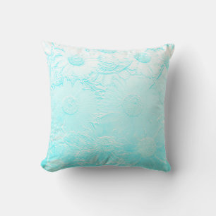 Ice blue embossed daisy flower throw pillow