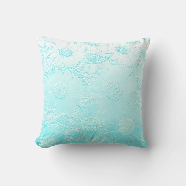 Ice blue embossed daisy flower throw pillow (Front)