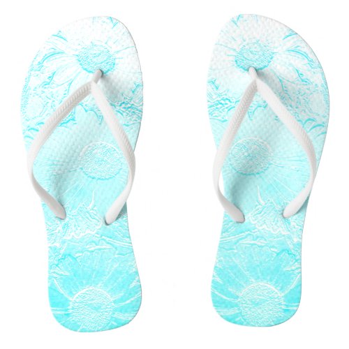 Ice blue embossed flowers flip flops