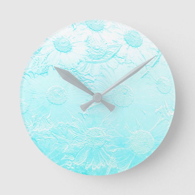 Ice blue embossed flowers round clock (Front)