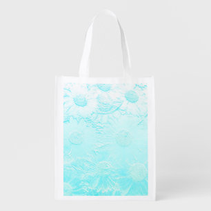 Ice blue embossed look daisy flower pattern grocery bag