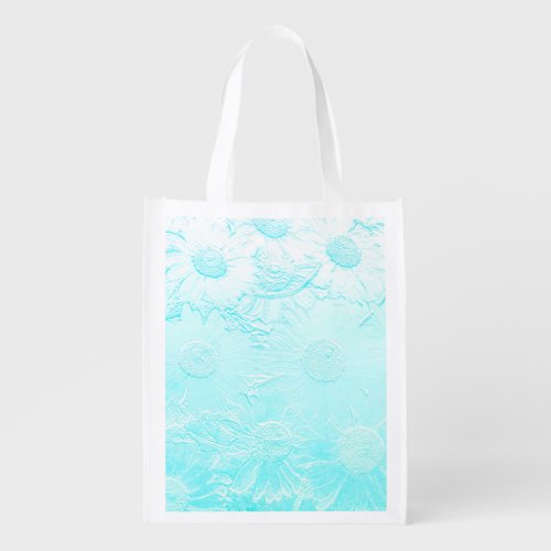 Ice blue embossed look daisy flower pattern grocery bag