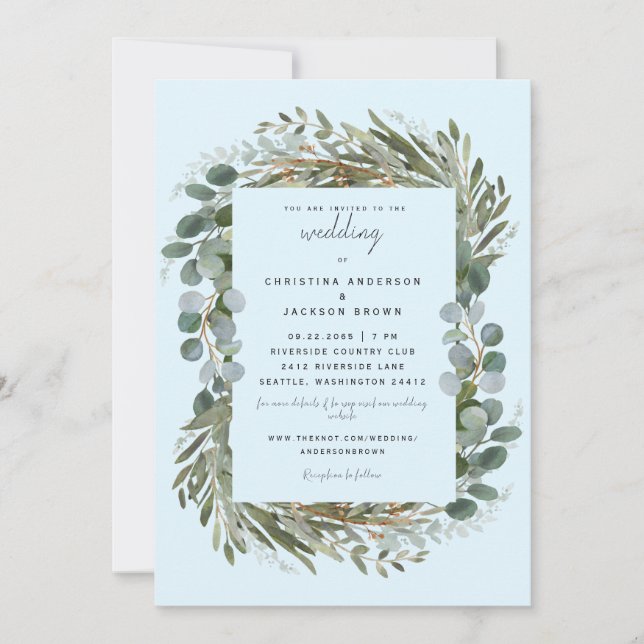 Ice Blue Eucalyptus Botanical Wedding Invitation (Front)