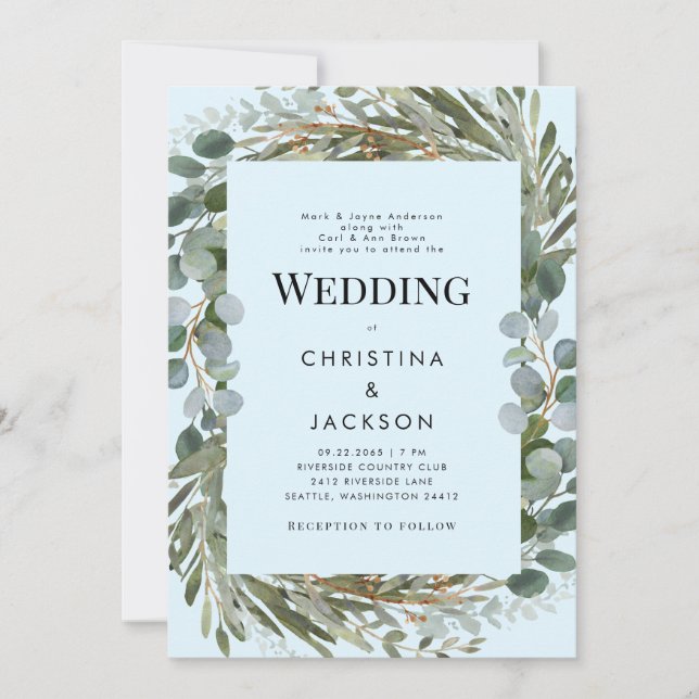 Ice Blue Eucalyptus Both Parents Wedding Invitation (Front)