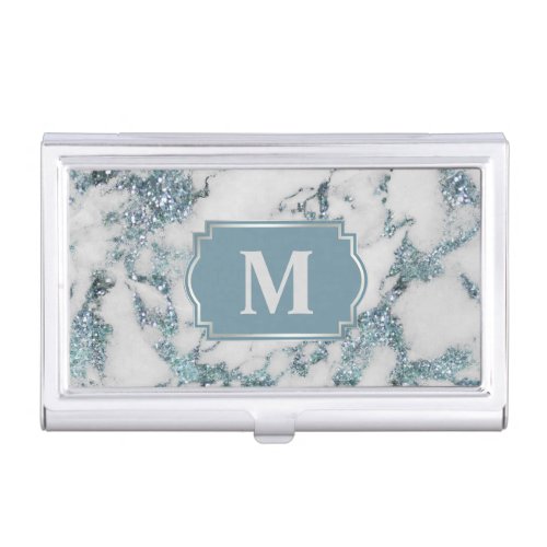 Ice Blue Faux Marble Glitter Monogram  Business Card Case