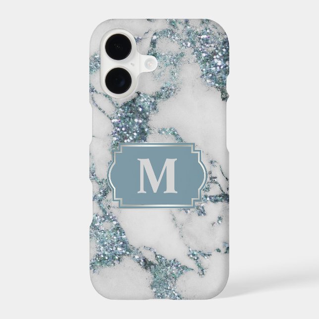 Ice Blue Faux Marble Glitter Monogram Case-Mate iPhone Case (Back)