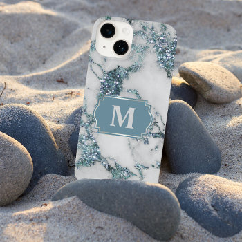 Ice Blue Faux Marble Glitter Monogram Case-mate Iphone 14 Case by Westerngirl2 at Zazzle