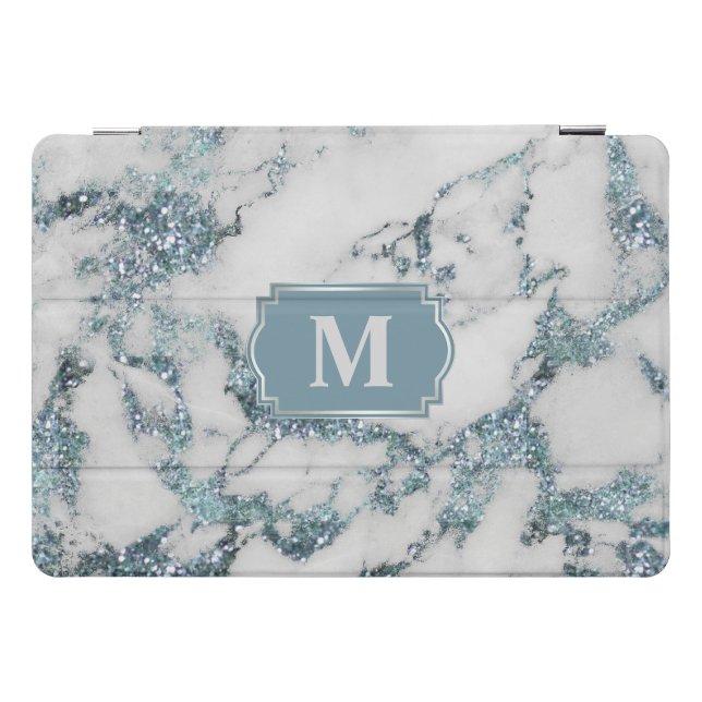 Ice Blue Faux Marble Glitter Monogram iPad Pro Cover (Horizontal)