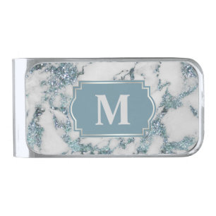 Ice Blue Faux Marble Glitter Monogram Silver Finish Money Clip