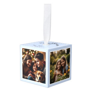 Ice Blue Festive Christmas Keepsake Personalized Cube Ornament