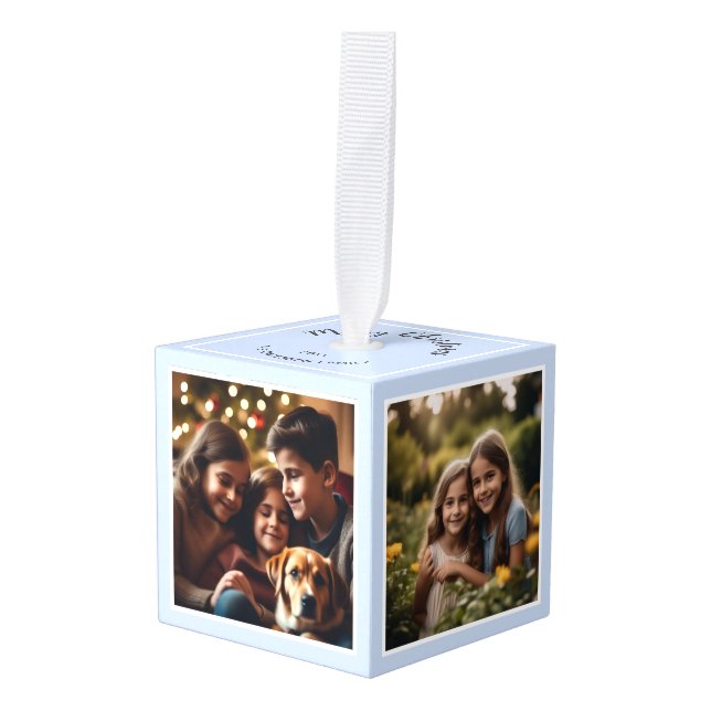 Ice Blue Festive Christmas Keepsake Personalized Cube Ornament (Front Angled)