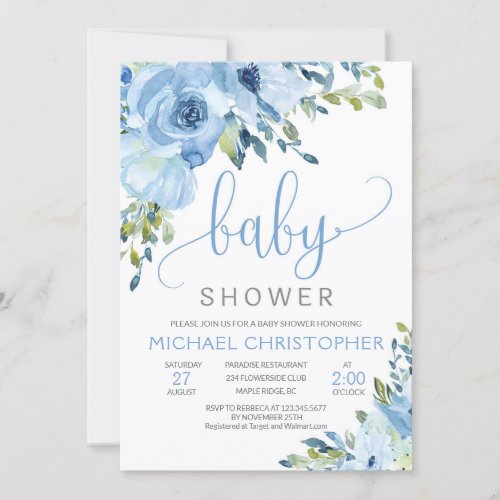 Ice Blue Floral Boy Baby Shower Invitation