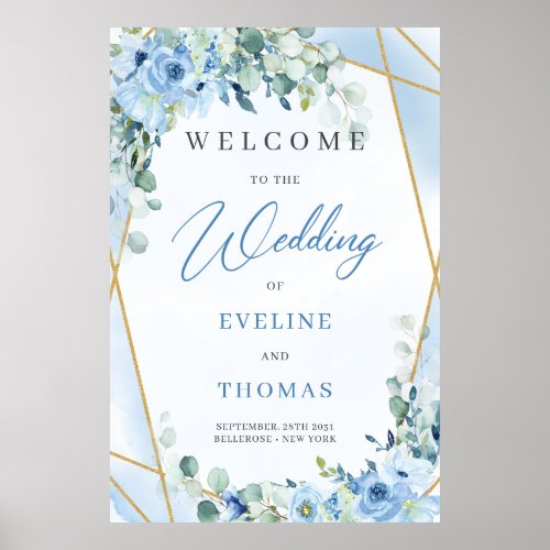 Ice blue floral eucalyptus  gold frame welcome poster