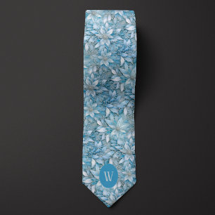 Ice Blue Floral Monogram Neck Tie