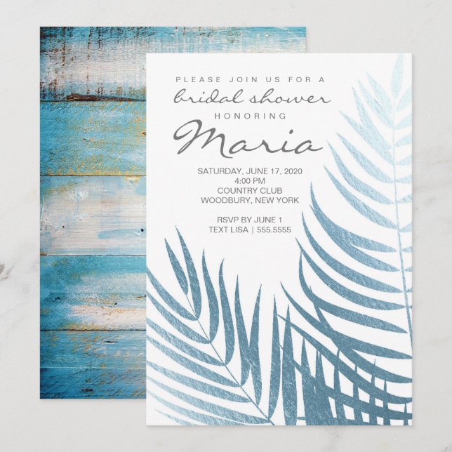 Ice Blue Foil Palm Leaves Bridal Shower Invitation (Front/Back)
