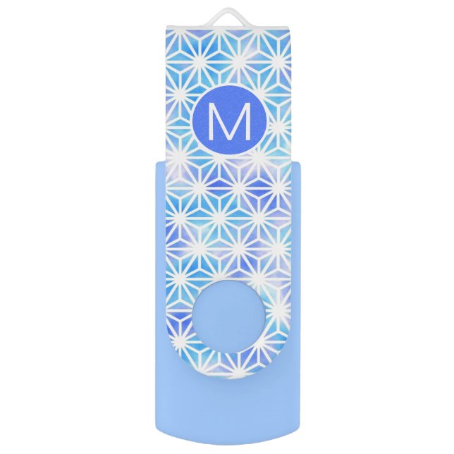 Ice Blue Geometric Grid Pattern Monogram Flash Drive (Front Vertical)