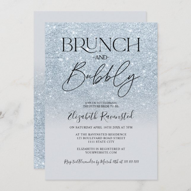 Ice blue glitter chic brunch bubbly bridal shower invitation (Front/Back)