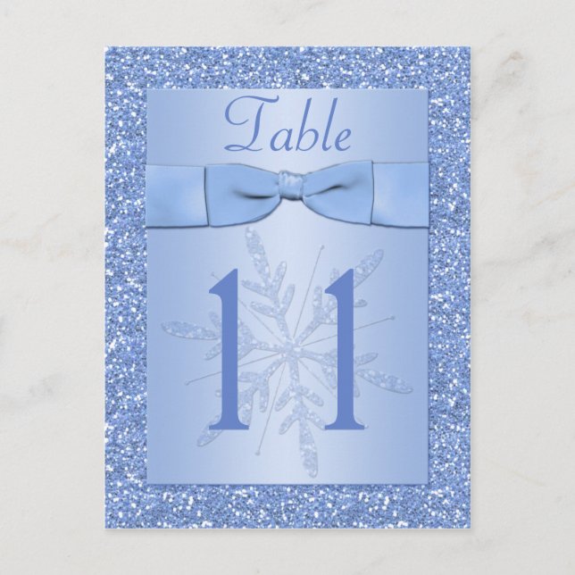 Ice Blue Glittery Snowflakes Table Number Card (Front)