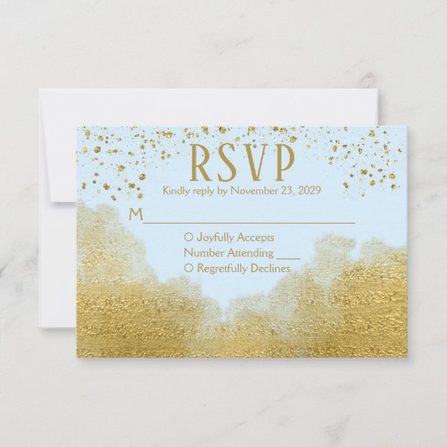 Ice Blue Gold Confetti RSVP Wedding Response (Front)