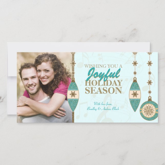 Ice Blue Gold Tree Ornaments Xmas Photo Cards (Front)