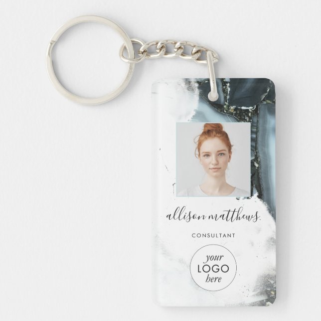 Ice Blue Gray Black Marble Background  Keychain (Front)