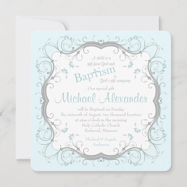 Ice Blue Grey Scroll Floral Baptism Invitation (Front)