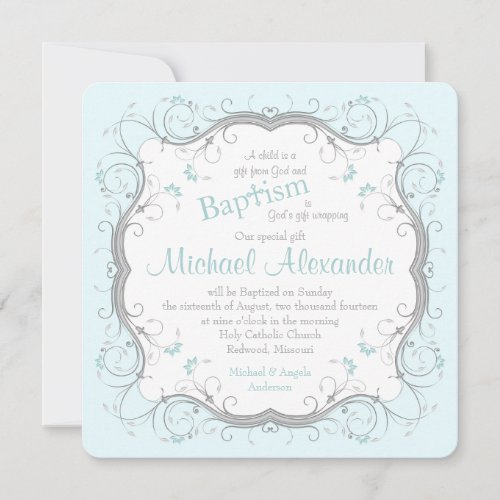 Ice Blue Grey Scroll Floral Baptism Invitation