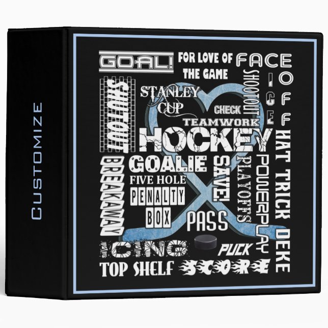 Ice Blue Heart Hockey Words White Logo 3 Ring Binder (Front/Spine)