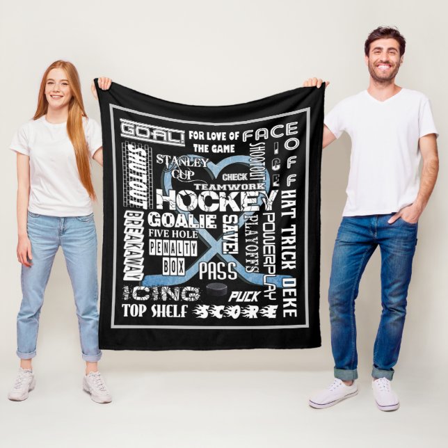 Ice Blue Heart Hockey Words White Logo Fleece Blanket (In Situ)