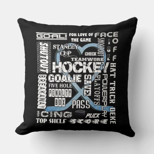 Ice Blue Heart Hockey Words White Logo Throw Pillow