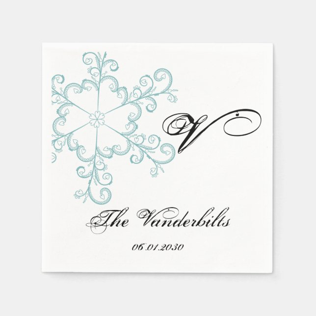 Ice Blue Heart Snowflake Wedding Napkins (Front)