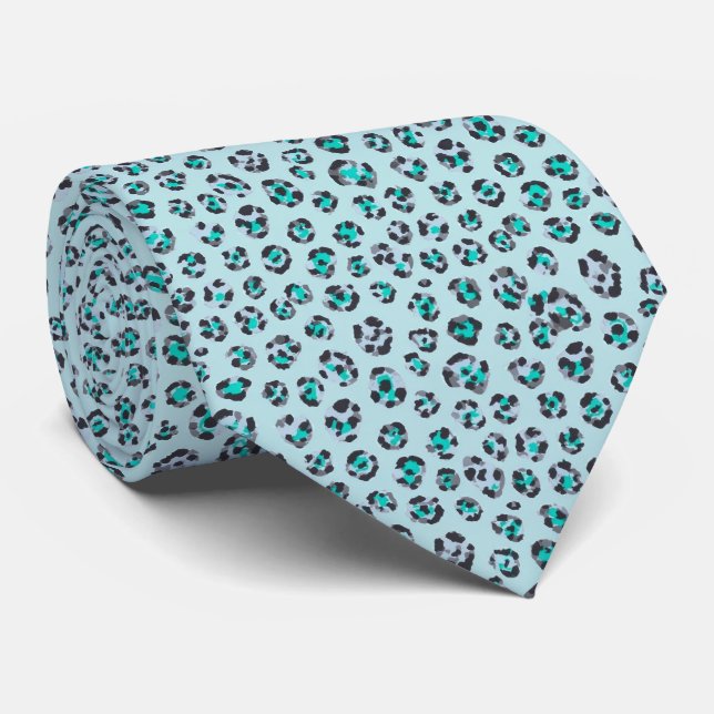 Ice Blue Leopard Print Pattern Neck Tie (Rolled)