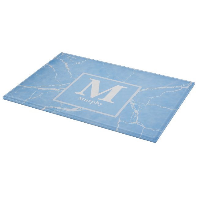 Ice Blue Marble with White Veins Monogram Cutting Board (Corner)