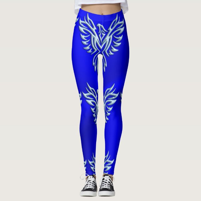 Ice-blue metallic-look Phoenix on Royal Blue Leggings (Front)