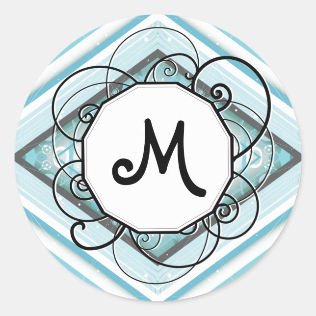 Ice Blue Modern-Retro Stripe Diamond with Monogram Classic Round Sticker (Front)