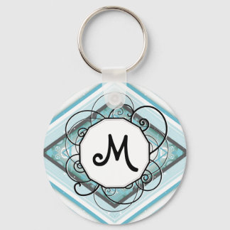 Ice Blue Modern-Retro Stripe Diamond with Monogram Keychain