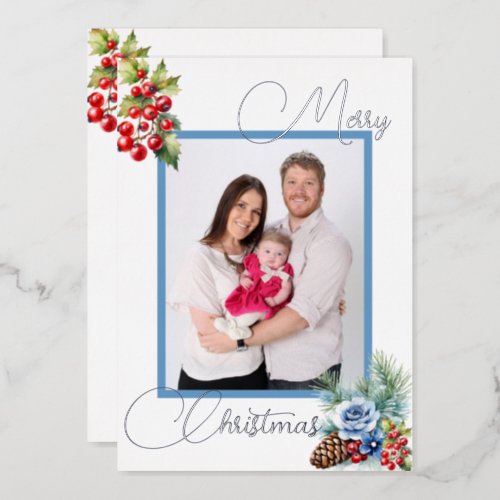 Ice Blue on White with Berries Christmas Greeting Foil Holiday Card