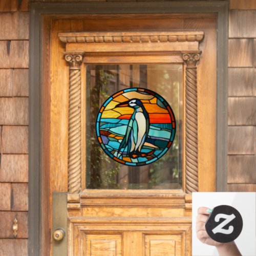 Ice Blue Penguin Sunset Faux Stained Glass  Window Cling