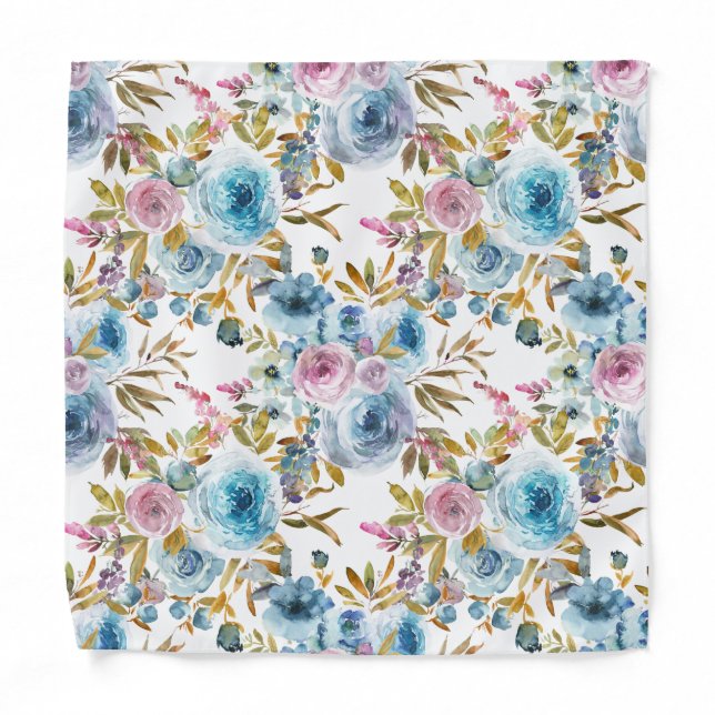 Ice Blue Pink Roses Floral Pocket Square Bandana (Front)
