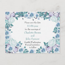 Ice Blue Purple Vintage Roses Wedding Announcement Postcard