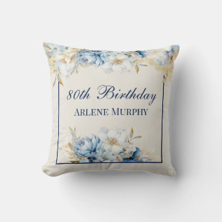 Ice Blue Rose and Navy 80th Birthday Throw Pillow