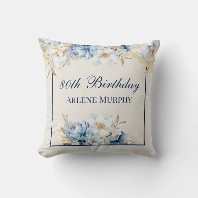 Ice Blue Rose and Navy 80th Birthday Throw Pillow (Front)