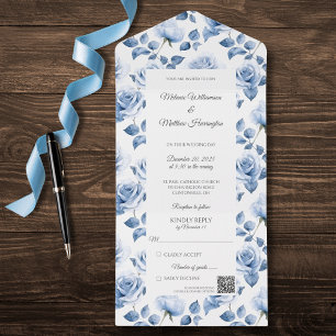 Ice Blue Roses QR Code All in One Wedding Invite