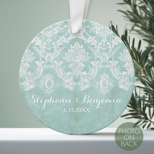 Ice Blue Rustic Damask Pattern Wedding Ornament (Personalized Photo Ornament)