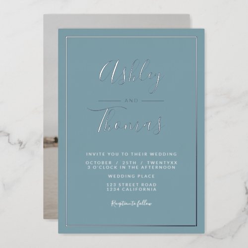 Ice blue script photo wedding geometric frame foil invitation