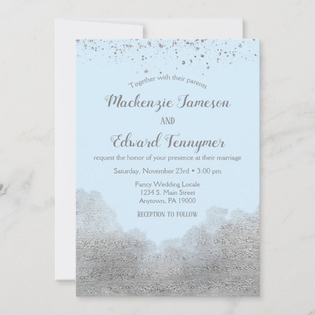 Ice Blue Silver Confetti Wedding Invitation (Front)